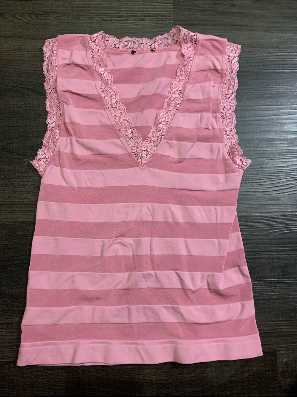 Women's Pink Lace-Trim Striped Tank - Lightweight V-Neck